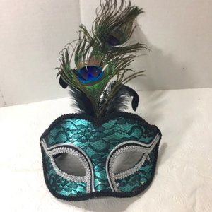 Turquoise Black Lace Peacock Feathers Masquerade Halloween Mask